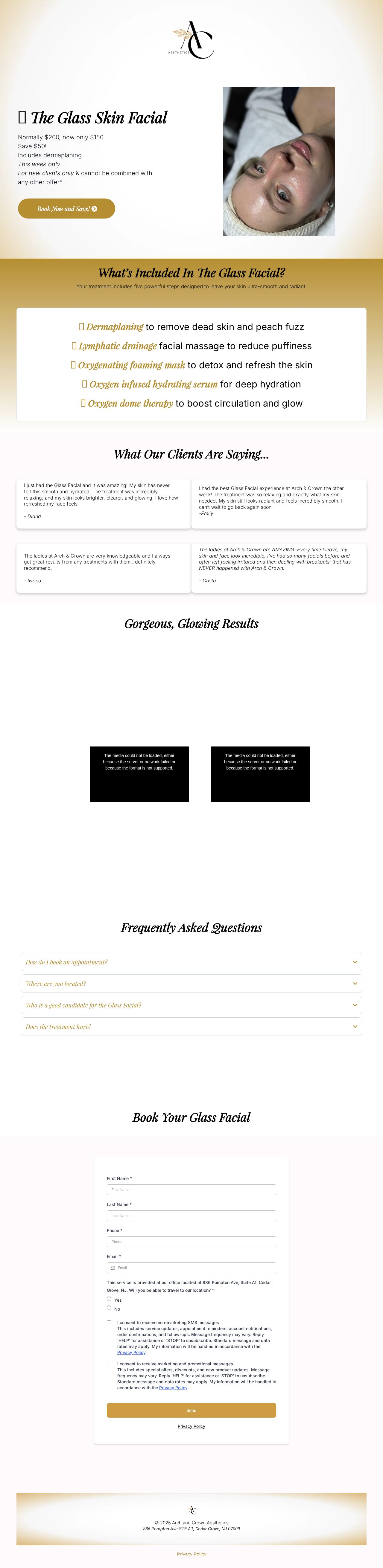 Actual Arch and Crown Glass Skin Facial landing page, full length, displayed on a laptop screen