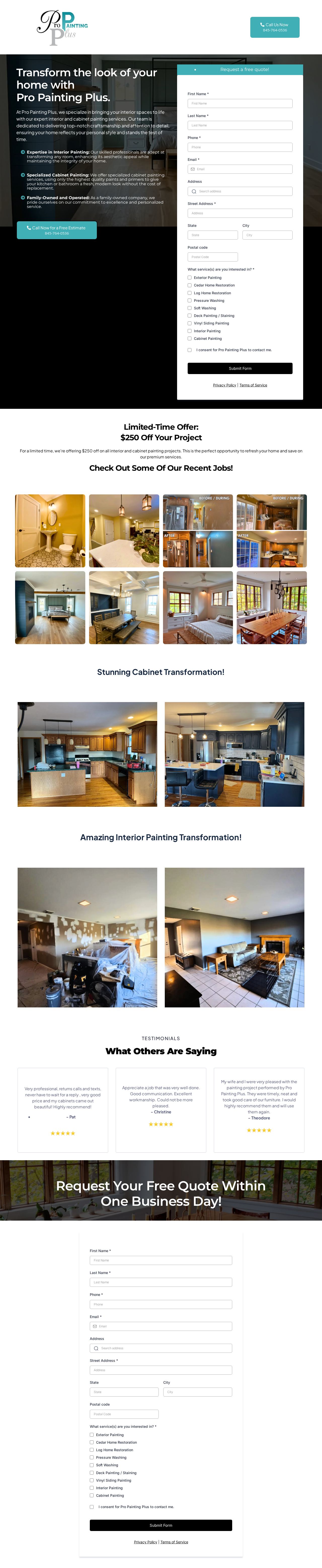 Pro Painting Plus interior and cabinet painting landing page, full length, displayed on a laptop screen
