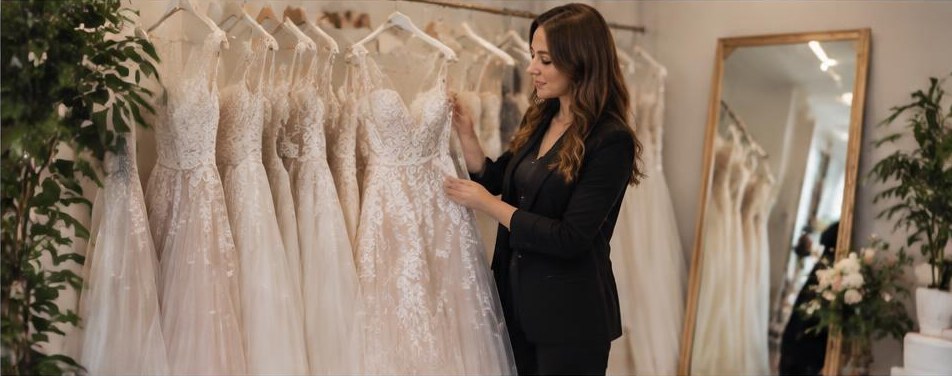 Illustrative bridal boutique scene showing the people and work behind the business