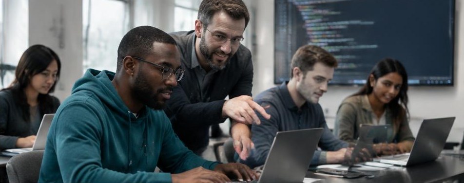 Illustrative coding bootcamp scene showing the people and work behind the business