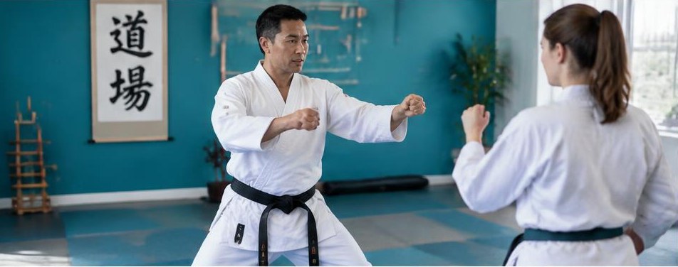 Illustrative martial arts studio scene showing the people and work behind the business
