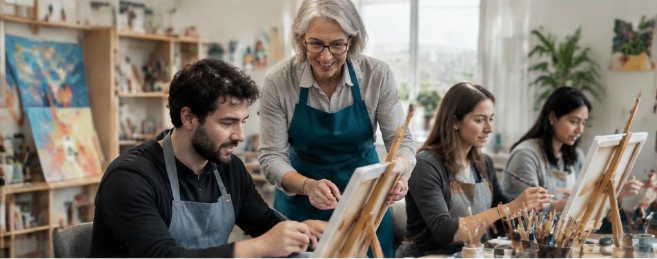 Illustrative art school scene showing the people and work behind the business