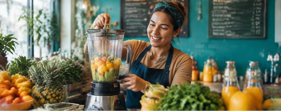 Illustrative juice bar scene showing the people and work behind the business