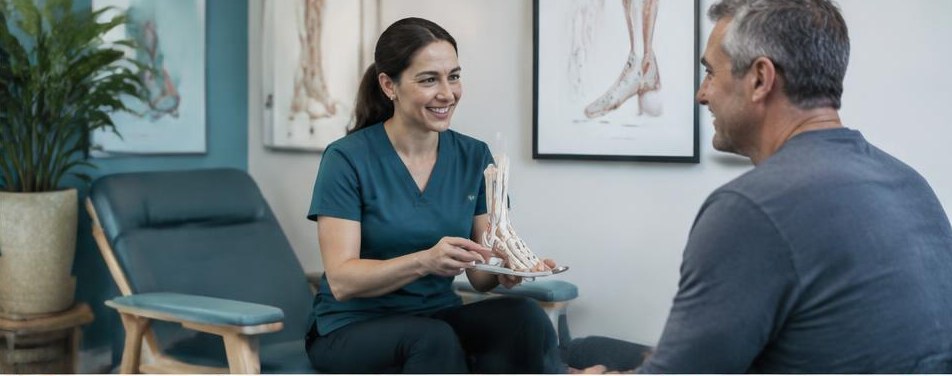 Illustrative podiatrist scene showing the people and work behind the business