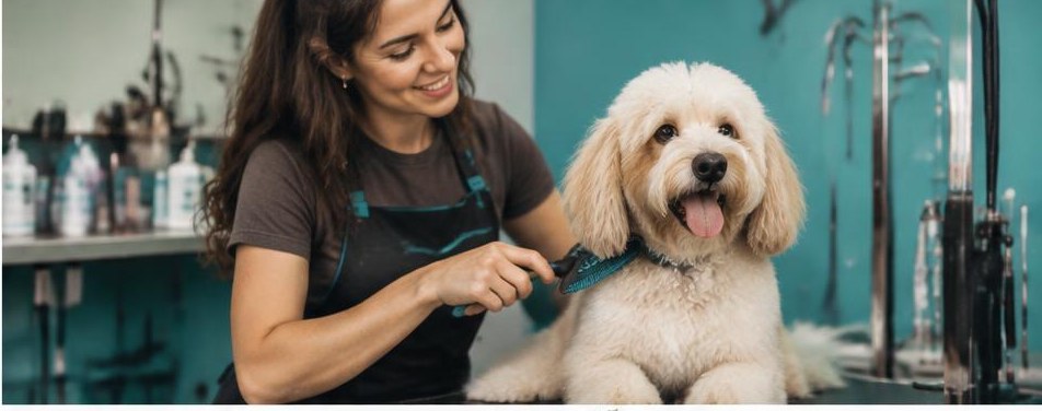 Illustrative dog groomer scene showing the people and work behind the business