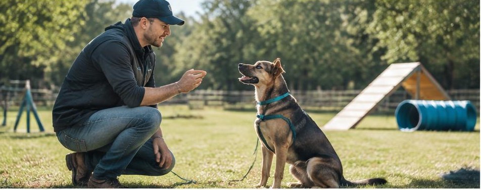 Illustrative dog trainer scene showing the people and work behind the business