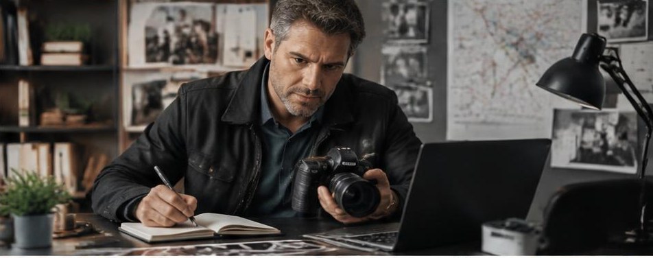 Illustrative private investigator scene showing the people and work behind the business