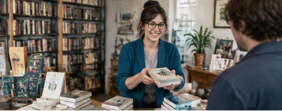 Illustrative bookstore scene showing the people and work behind the business
