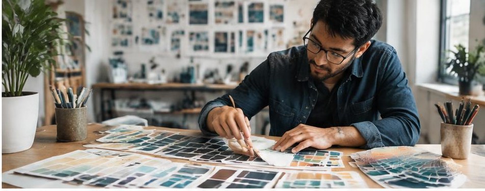 Illustrative graphic designer scene showing the people and work behind the business