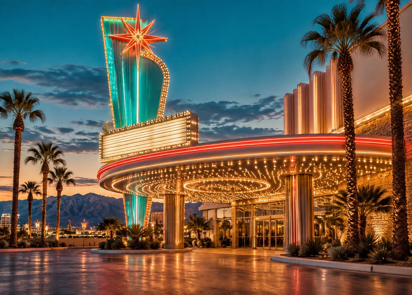 Vintage Las Vegas casino entrance glowing with turquoise, coral, and gold neon